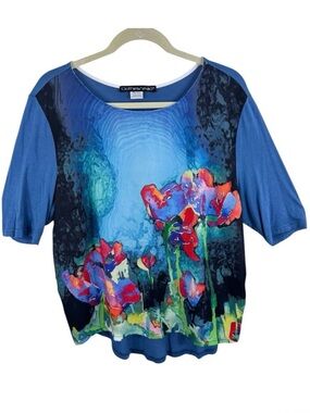 ClothesHead Blue Colorful Floral Watercolor Abstract Short Sleeve Blouse Size XL
